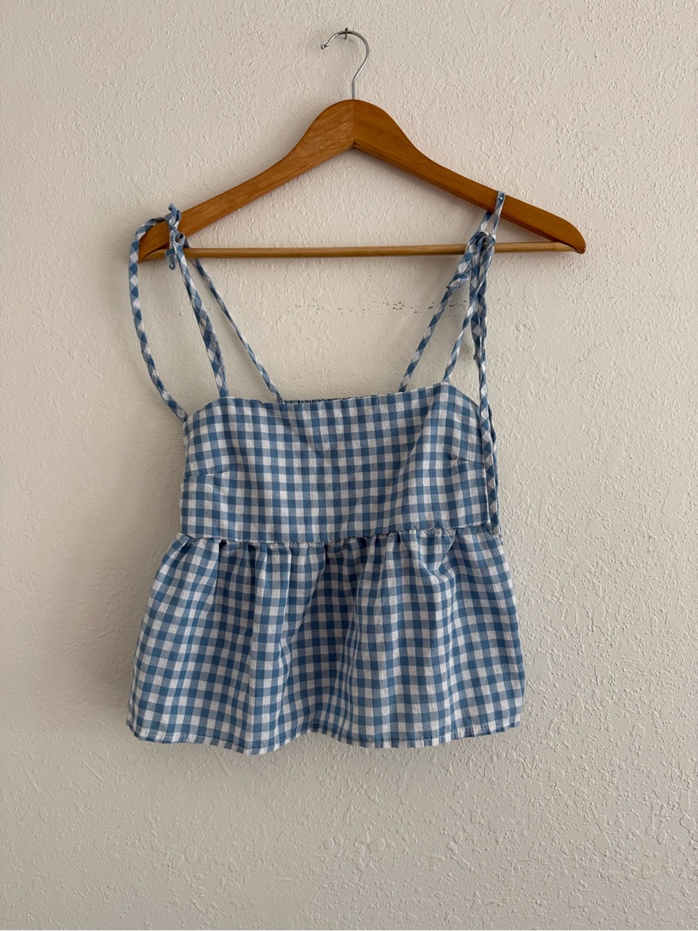 Light Blue Gingham Tie-Strap Peplum Camisole